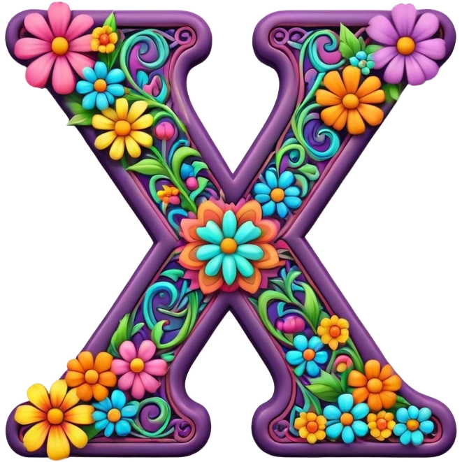 3D, gothic style psychedelic colored Letter X with hippie style flower border emoji