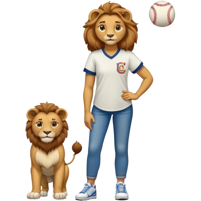 confident anthropomorphised female lion wearing a baseball shirt, jeans, and trainers, showing comfort and support to another character emoji
