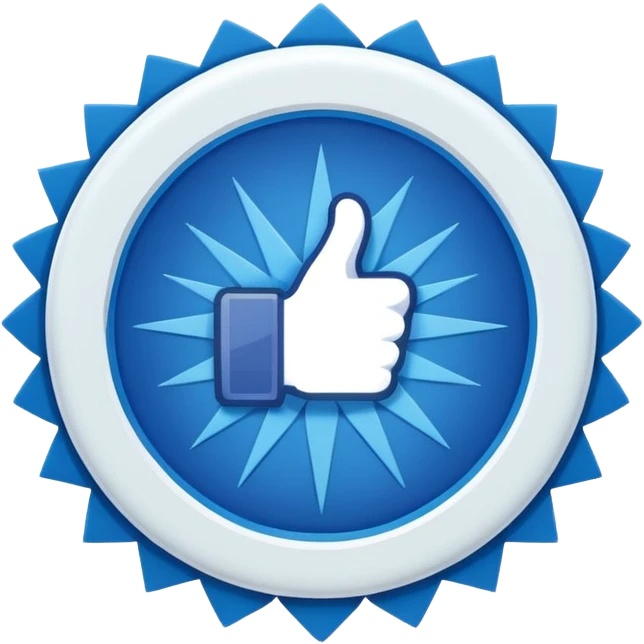 “An emoji-style image of a Facebook-like verified badge. It should be a bright blue, scalloped circle (starburst shape) with a white check mark in the center. The design should be clean, minimal, and modern, similar to official social media verification icons emoji