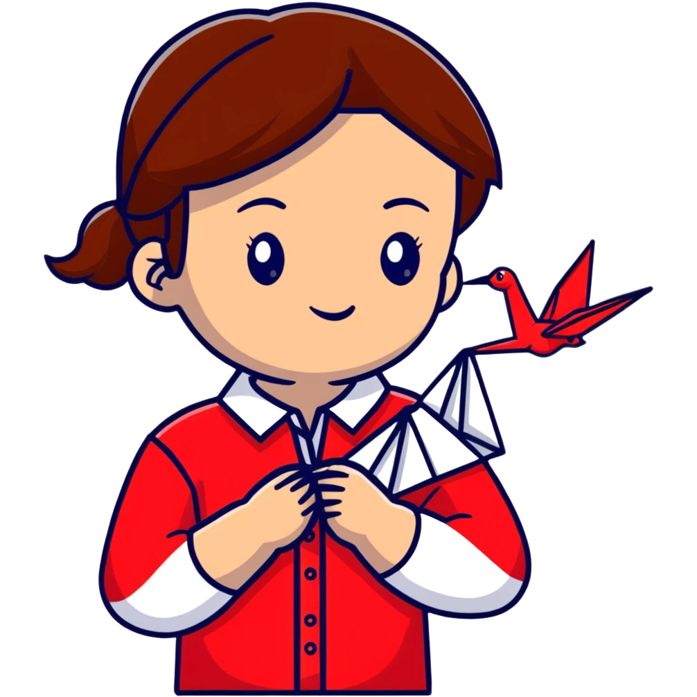Ukrainian young girl with brown hair wearing an embroidered shirt holds an origami red crane emoji