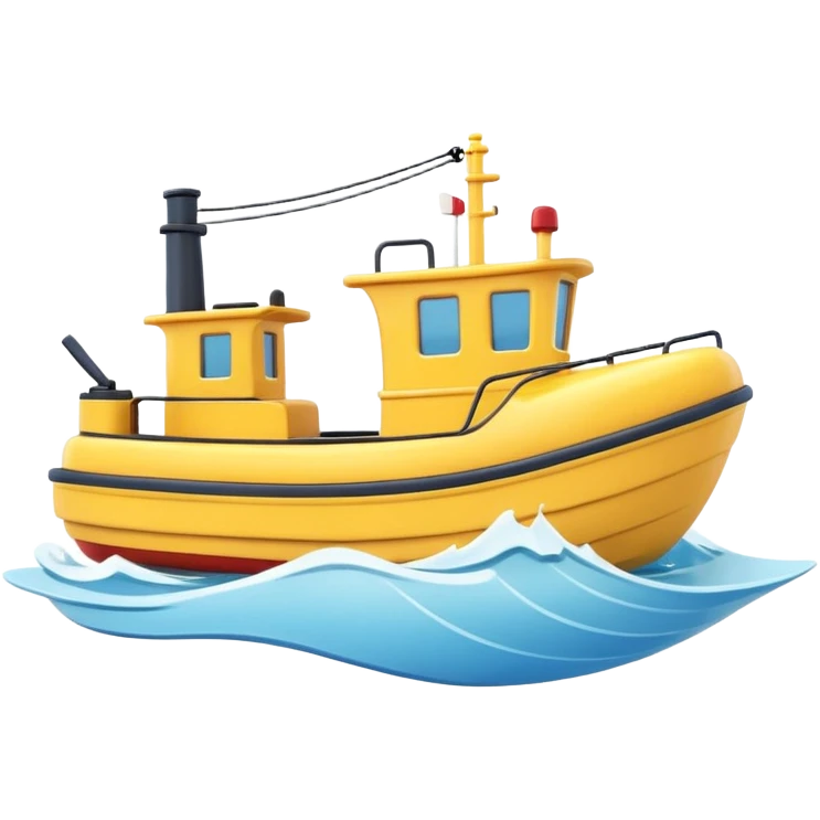 A 3D cartoon tugboat towing another boat on calm blue water, soft waves, clear sky, Memoji-style. emoji