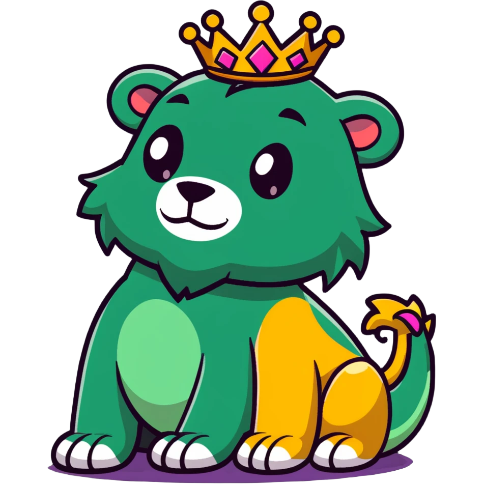 A majestic lion king with a crown facing a colorful dinosaur emoji