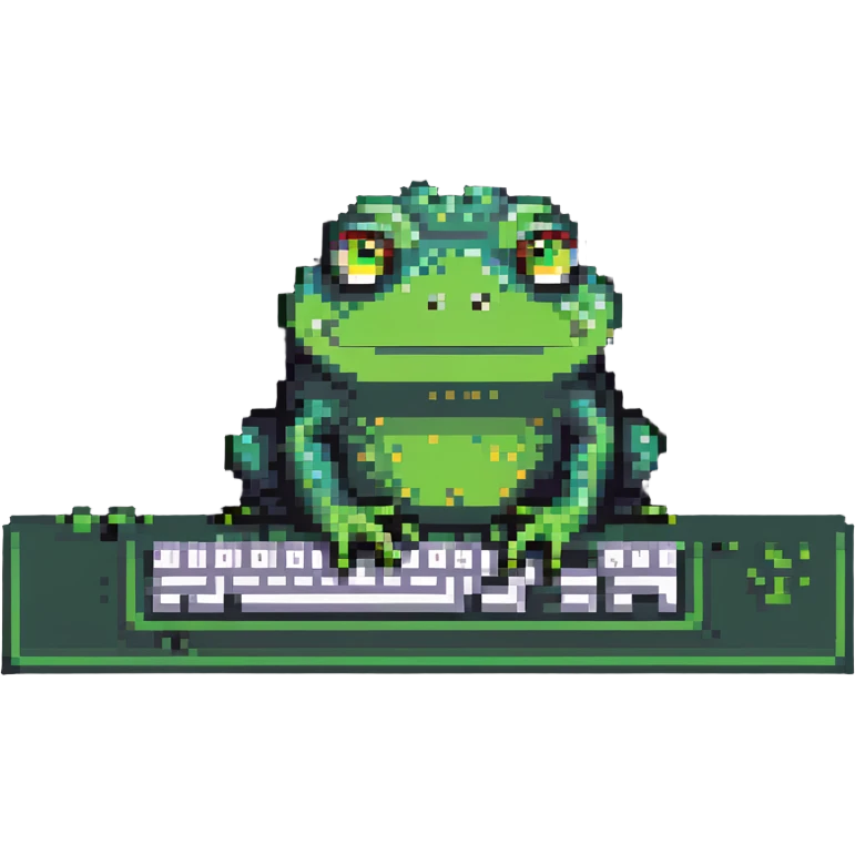 Pepe the frog meme character coding on computer, green frog with sad eyes typing on keyboard emoji