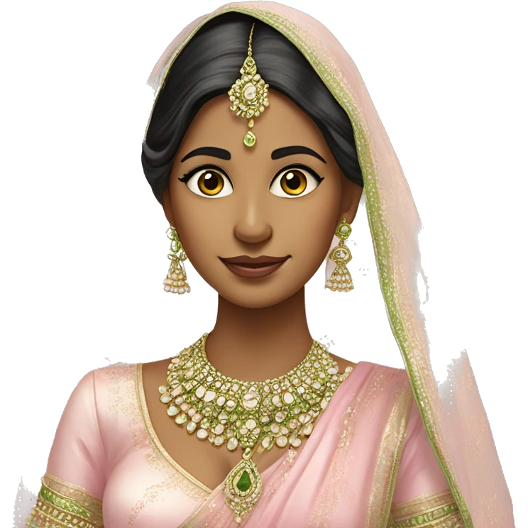 indian bride in baby pink outfit and pistachio green jewellery she also has a beauty mark on the lower right cheek near her lips emoji
