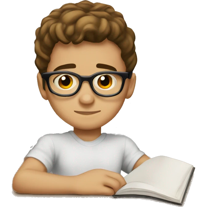 a kid with high taper fade mid hair round glasses looking down to his study book he is white and have brown hair emoji