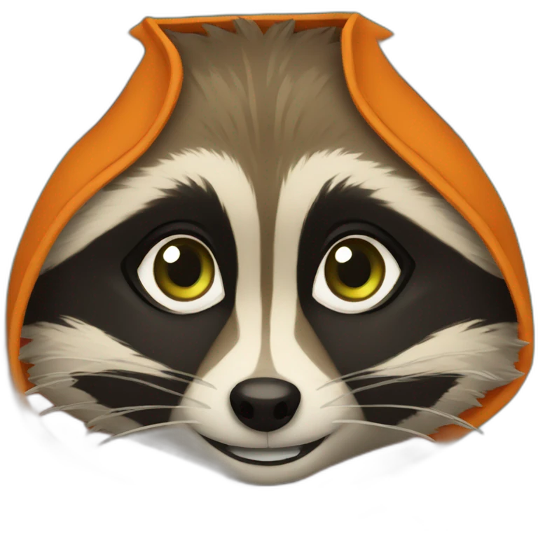 brown raccoon with orange eyes and a dark green hood that is smiling emoji