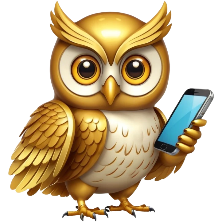 golden owl with shiny feathers. Holds a phone in the wing emoji
