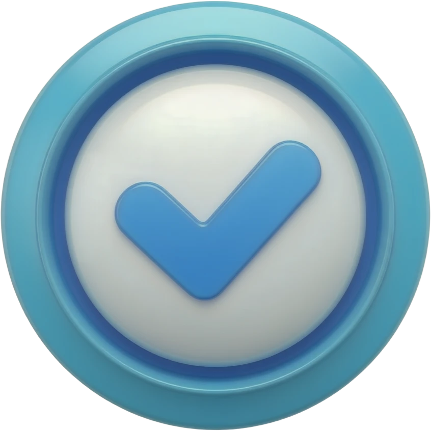 Modern certification badge emoji, blue checkmark, minimal, glossy 3D, clean, centered, transparent background emoji