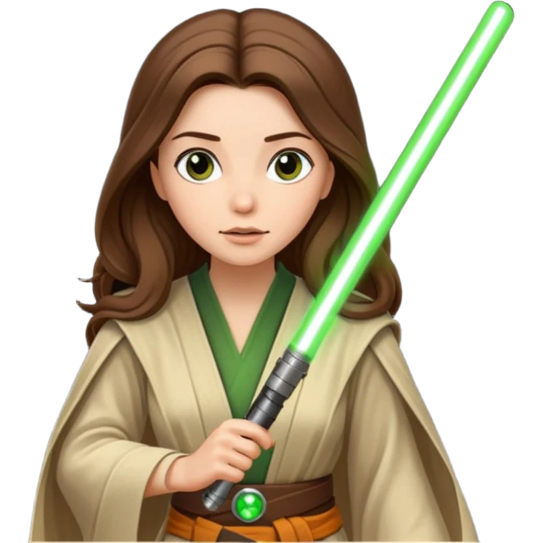 Ios 18 starwars theme ( jedi, robots etc..) long brown hair lady with lightaber green or red. Every one is alone. Not all in one emoji emoji