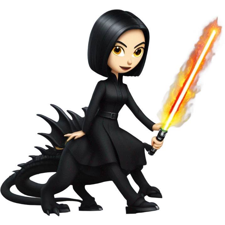  beautifully dressed teen Morticia Addams Jedi riding on the back of a very large black shiny evil-looking fire-spewing dragon. proper scale emoji