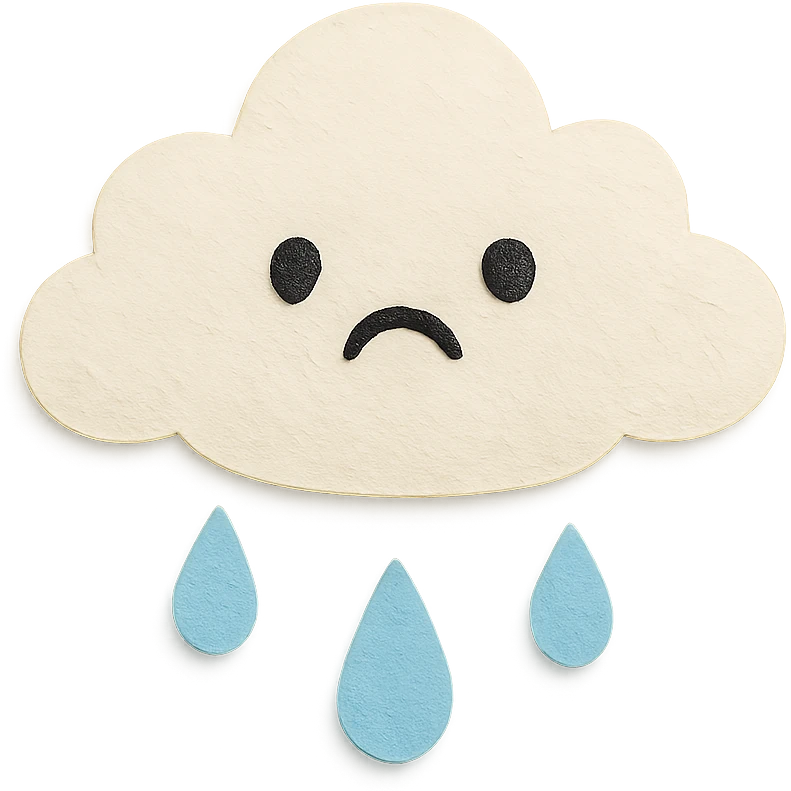 adorable pastel white cloud, crying gentle blue raindrops, no arms or legs, full body, kawaii paper craft style emoji