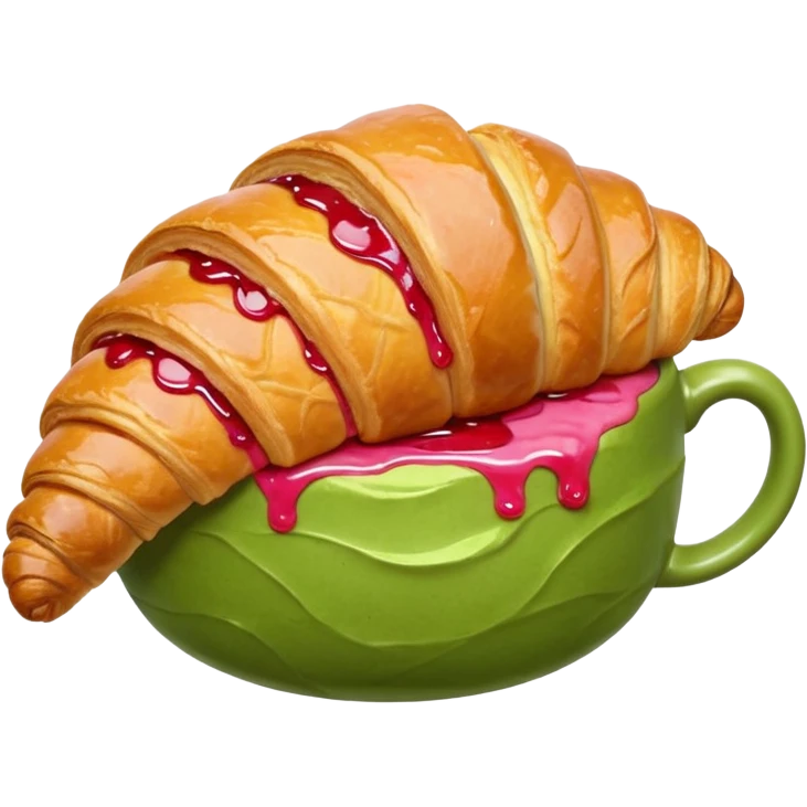 A giant croissant with a closed matcha mug with a strawberry syrup base emoji