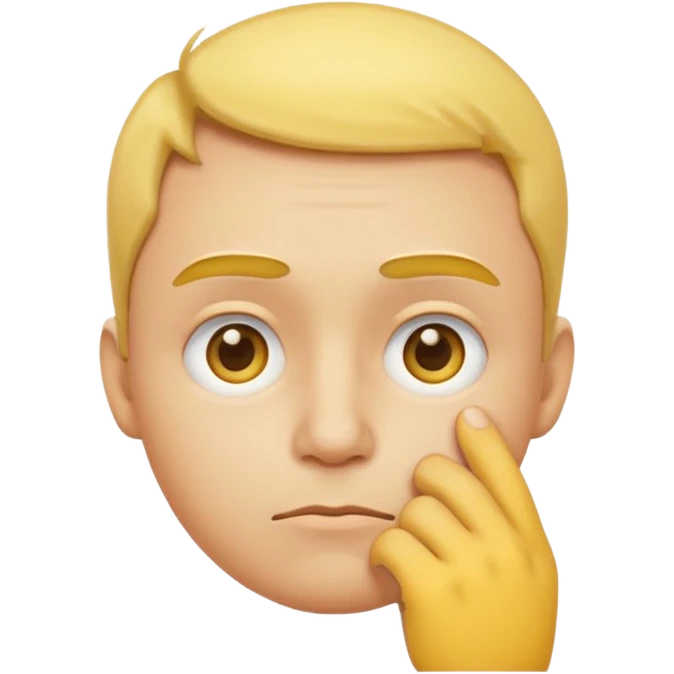 a detailed 3D render of a thoughtful face emoji, yellow round face with raised eyebrows, one hand touching chin, expressive eyes, digital art style, clean background emoji