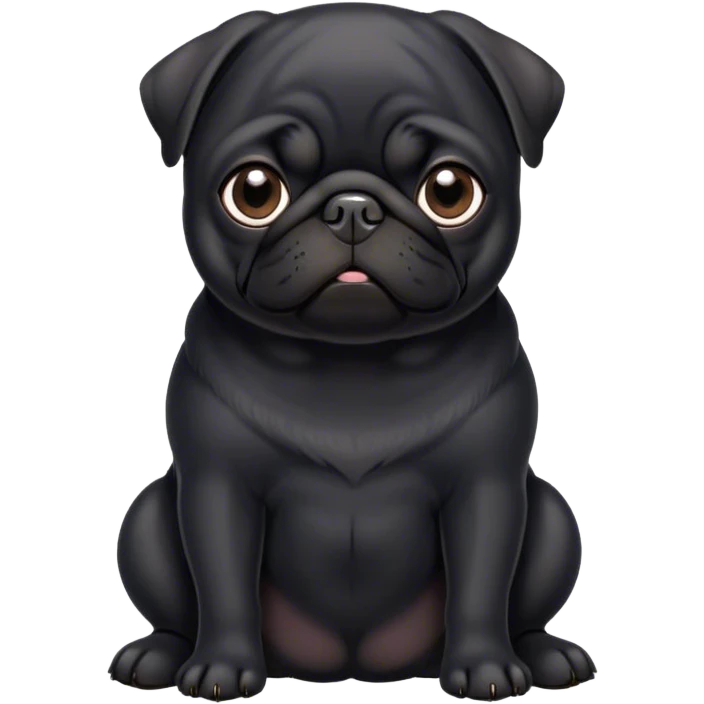 Cinematic Noble Black Pug Portrait Emoji, Poised and regal, with a compact, sturdy build and a sleek, shiny pure black coat, deep-set soulful dark eyes, Simplified yet sharp and sophisticated features, highly detailed, glowing with a soft, dignified glow, high shine, intelligent and spirited, stylized with an air of confidence, focused and attentive, soft glowing outline, capturing the essence of a watchful and commanding companion, so majestic it feels as though it could prance out of the screen with effortless authority! emoji