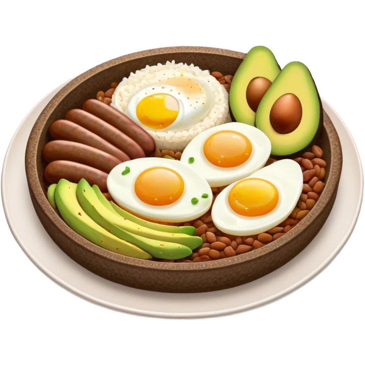 Bandeja Paisa Cinematic Realistic Bandeja Paisa Dish Emoji, depicted as a hearty platter featuring rice, beans, avocado slices, one sausage, a perfectly cooked egg, and crispy pork crackle, rendered with vivid textures and robust, inviting lighting. emoji