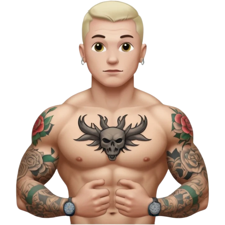 tattoo man, white skintone, more highlight the tattoo, body builder, tatto on chest, more tattoos. emoji