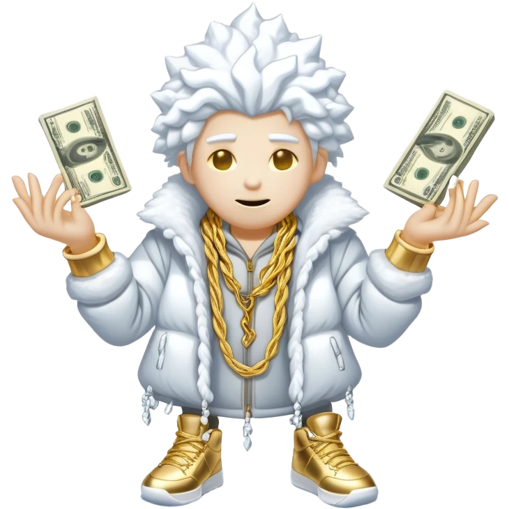 Snow elemental shaped more like a human—think tall, jointed limbs, maybe even facial expressions made of snow flaunting money wearing gold rope chain with jacket and Jordan sneakers emoji