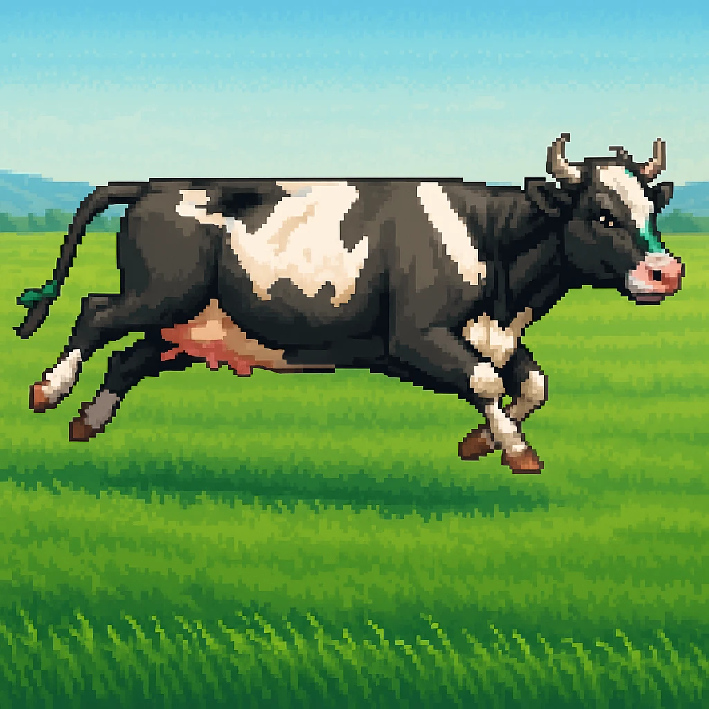 Make the image have a green grass field background in the style of pixel art emoji