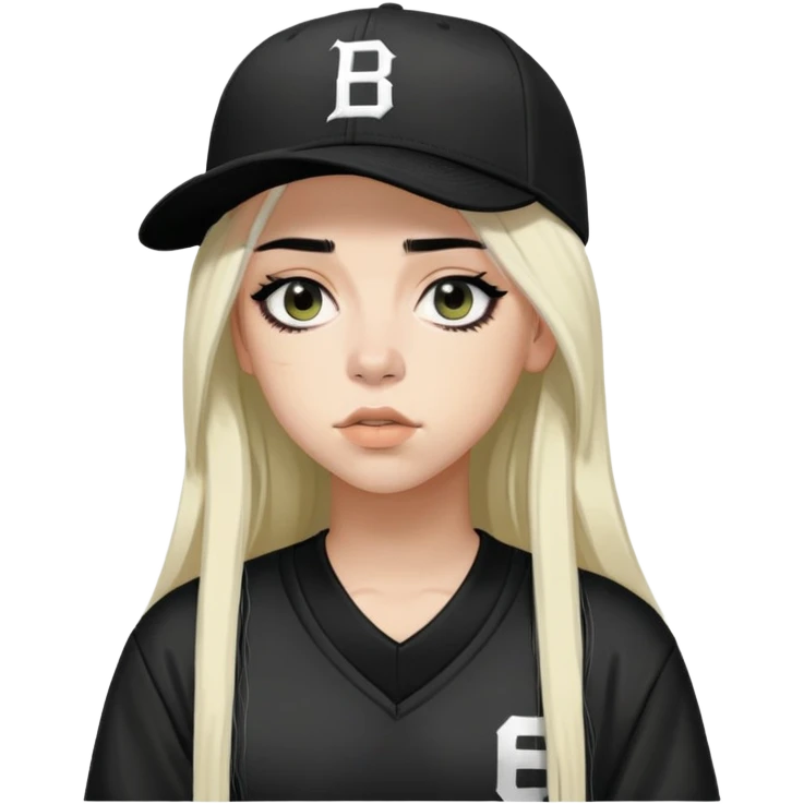 billie eilish long black hair dark eyeliner makeup, wearing caps and jersey emoji