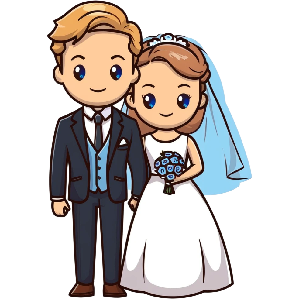 portrait of a bride with light brown hair and grey-blue eyes, and a groom with blonde hair, blue eyes, wearing a brown suit emoji