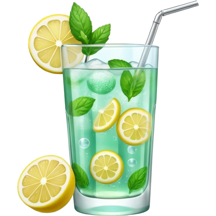 A 3D cartoon transparent glass with sparkling lemon mint drink, bubbles, mint leaves and lemon slice, clear ice, realistic condensation, Memoji-style detail. emoji