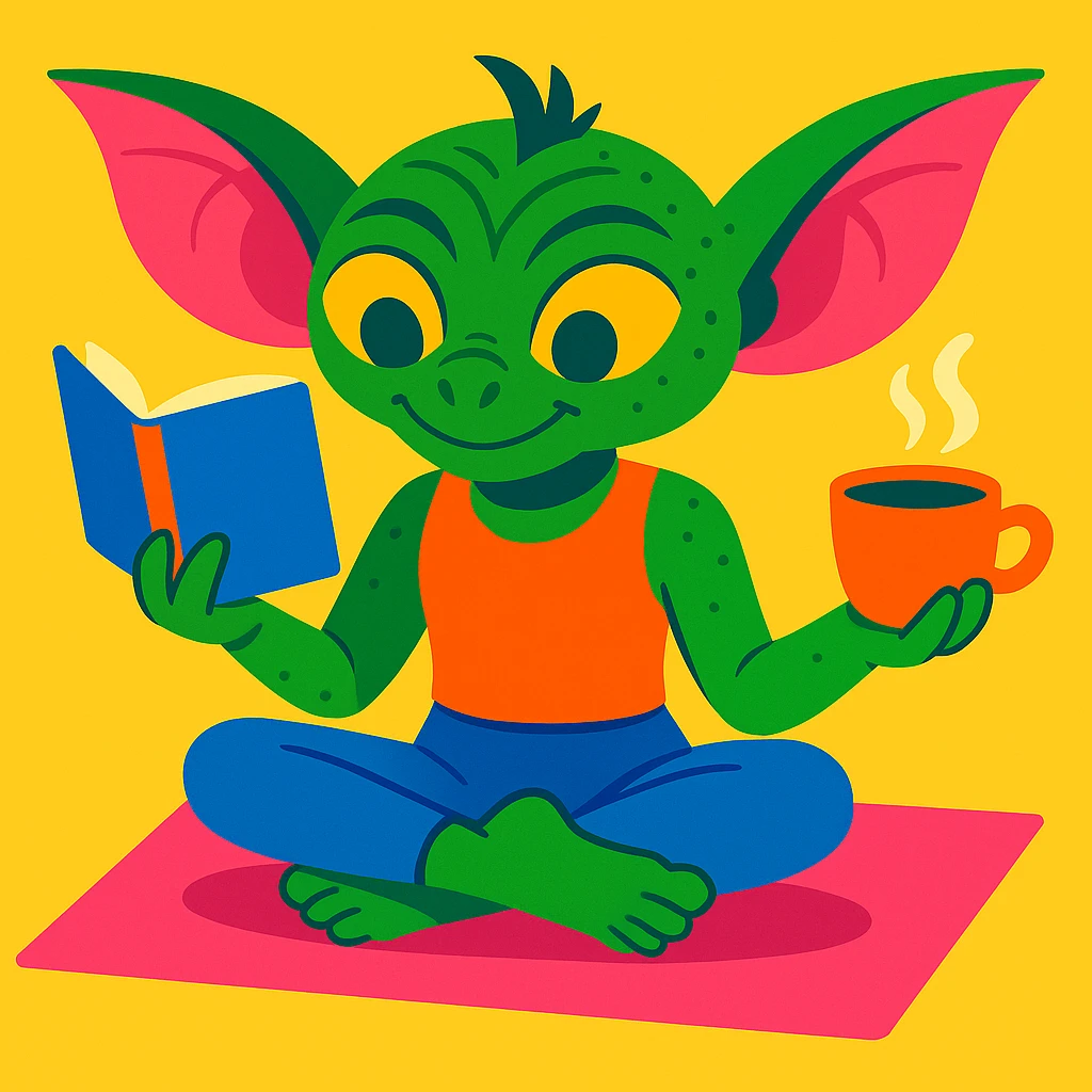 Add a bright yoga mat under the gremlin, preserving the colorful illustration style with vivid and lively colors. emoji
