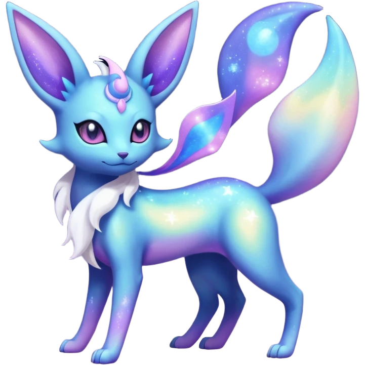 Shiny Iridescent Nebulae Espeon-Umbreon-Sylveon-Dragonair-Fakémon-hybrid-creature (full body)  with a galaxy-dust-flowing-gradient-tail emoji