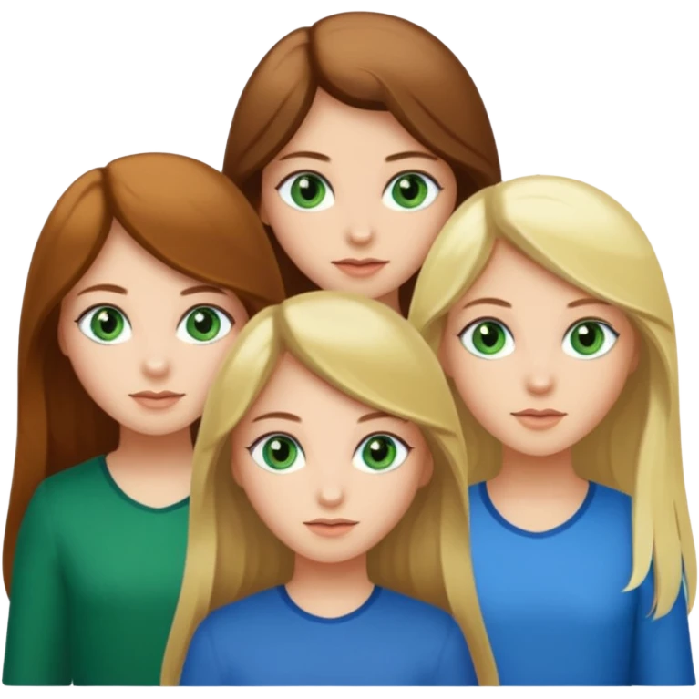 tree girls , first have green eyes and long brown hair, secind have blonde hair and green eyes and the third have brown hair and blue eyes emoji