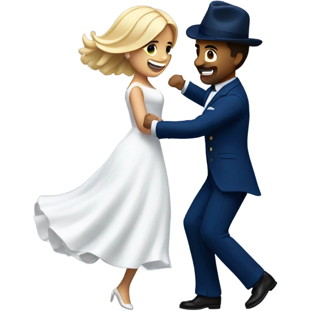 Puerto rican beard short brown hair with blue hat and navy blue suit first dance with blond long hair girl with white  wedding dress  emoji