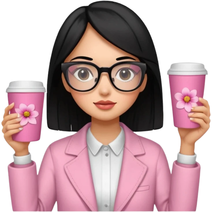 Chica de pelo negro ojos negros y piel morena con lentes oversize square con ropa bonita m pantallas pequenas de cristal , en la mano derecha una taza de cafe en color rosa con una flor negra de diseno. Sentada mirando la television. emoji