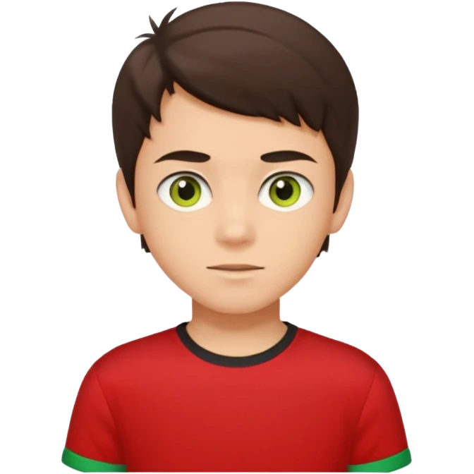 A portrait of a 14-year-old boy, he's got dark-brown hair, light brownish skin and green hazel eyes. he's wearing a red t-sirt with yellow sleeves. emoji