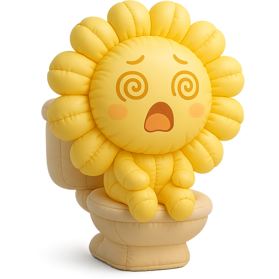 lemon yellow dandelion flower with a shocked face, sitting on a toilet with swirls in the eyes, soft colors, chibi expression emoji