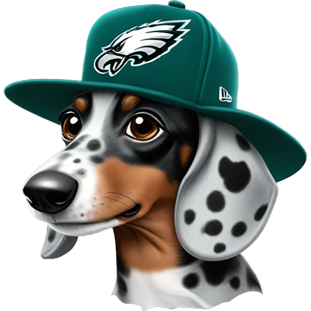 Miniature Blue Merle  Light Tri Brown and Black Spotted Dachshund wearing Philadelphia Eagles Hat with C on it emoji