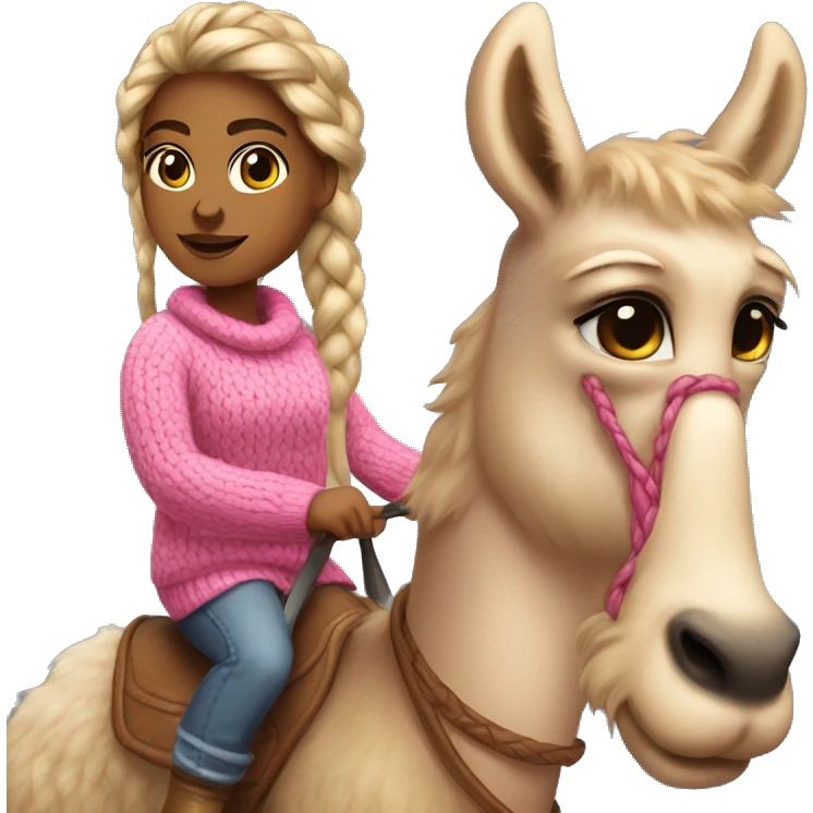 Girl riding lama with pink sweater and Ugg boots. Braided hair holding pizza emoji