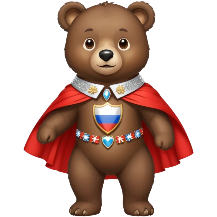 Medium-dark brown bear on all four legs with a sparkling diamond collar or necklace around its neck, Russian flag cape on its back emoji