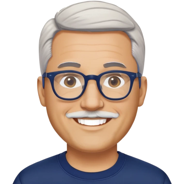 Light-skinned wider-built man with oval face, very close-cut hair (shorter on top, skin fade), short graying beard, big black glasses frames, happy smile, navy blue zip-up sweatshirt with long sleeves emoji