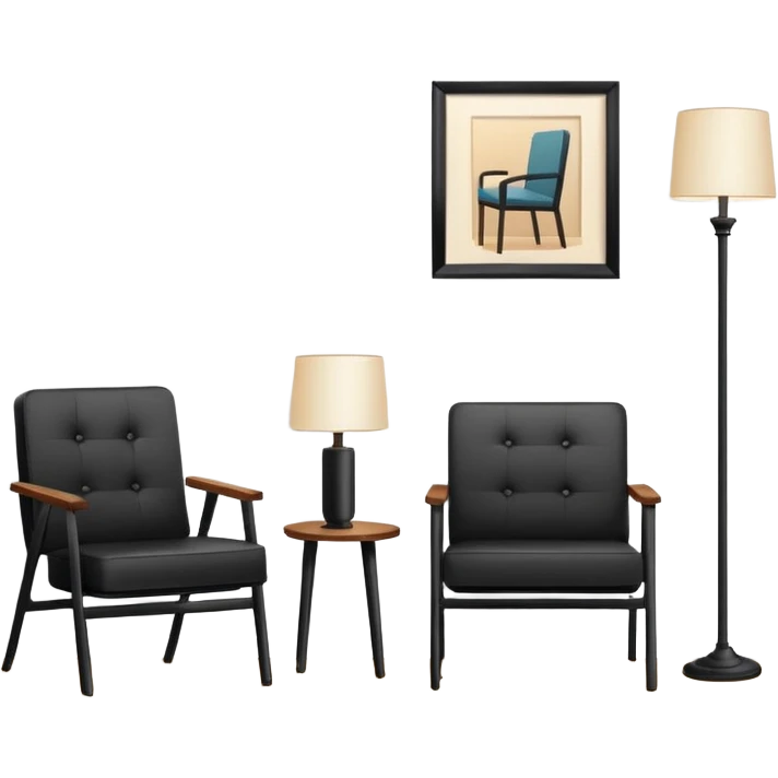 Minimalistic flat vector icon, iOS style, thin black contour on white background. Floor lamp and chair next to a framed picture on wall. Clean, no text, no shadows emoji