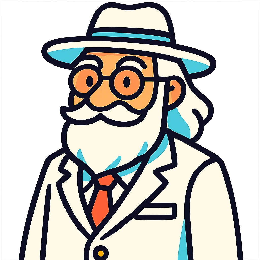 old man with a white hat, long white beard, white moustache, round glasses, white suit, white longish hair, vibrant toon style emoji