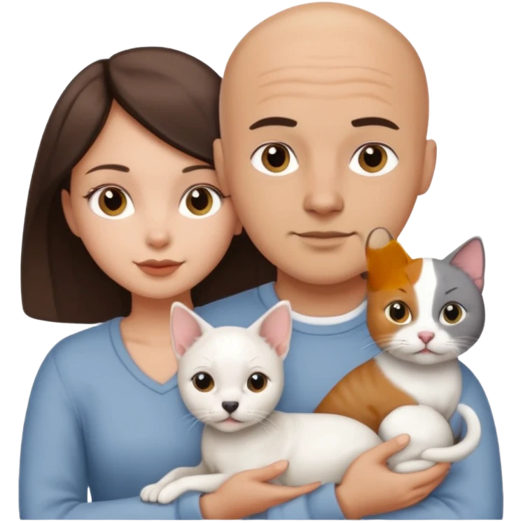 Bald guy with brunette girl and white puppy and Grey cat emoji
