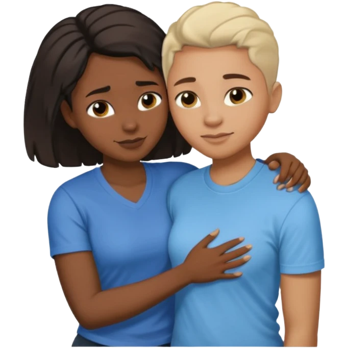 Black lesbian couple with one dark skin masculine with short hair low cut fade with a t shirt and one feminine with long hair in a blouse hugging  emoji