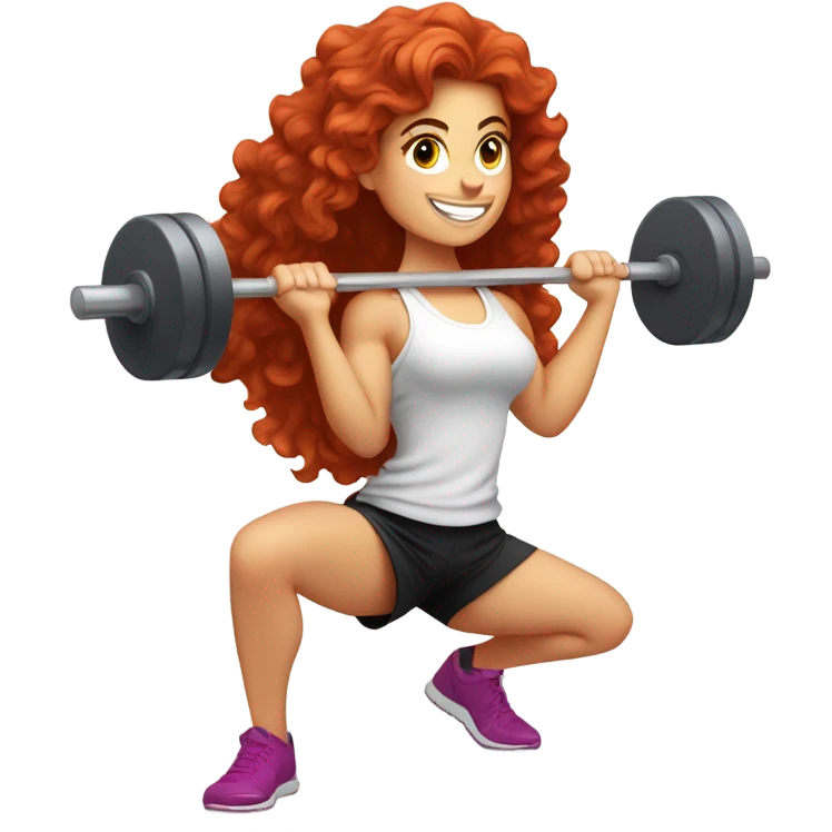 Sporty white Girl coach with long curly red hair doing squat with heavy weights emoji
