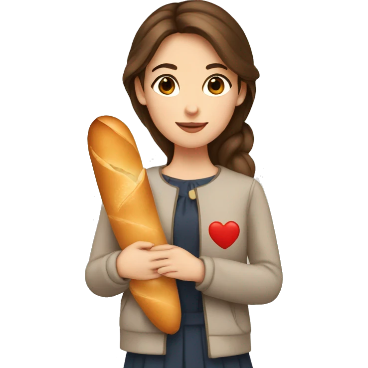 a french girl with brown hair and brown eyes holding a baguette with an emoji heart emoji