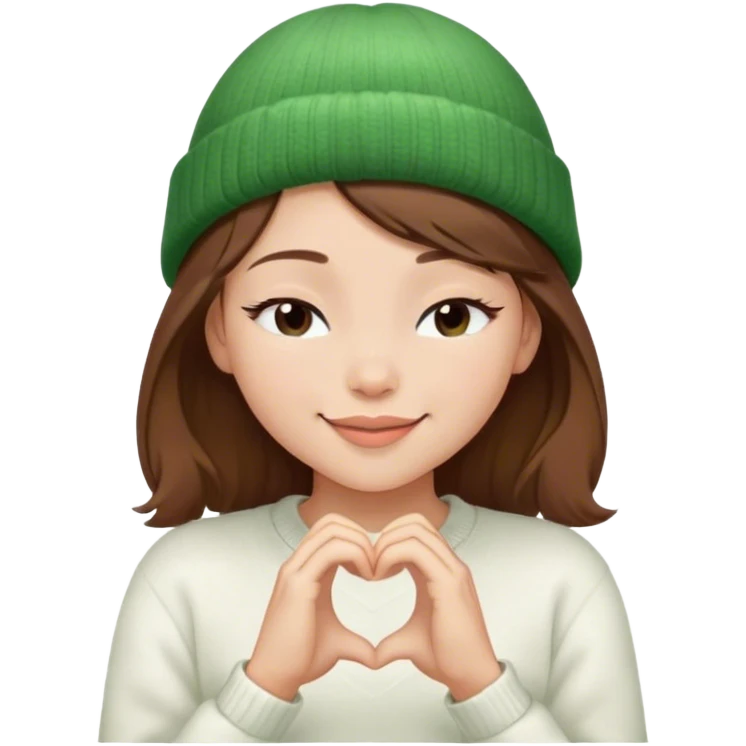 peaceful brown hair girl closed eyes stylish in a green beanie hat in white sweater smiling making heart from her hands  emoji