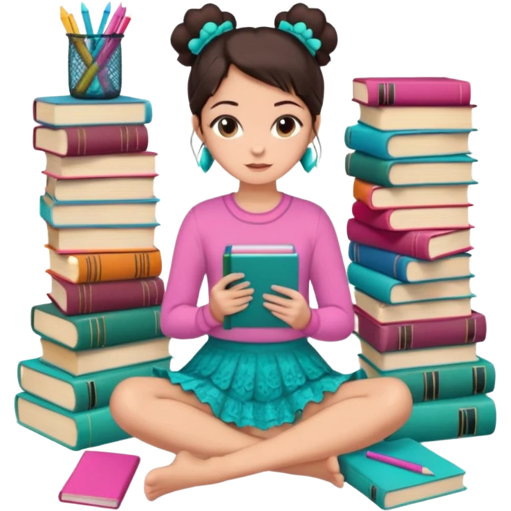 A brunette woman with straight, dark brown hair styled in two buns wears a pink long-sleeved shirt and a turquoise lace ruffled skirt. She is barefoot and holds a crayon in one hand. She sits cross-legged on the floor, which is covered with stacks of colorful notebooks. Art Deco style illustration. emoji