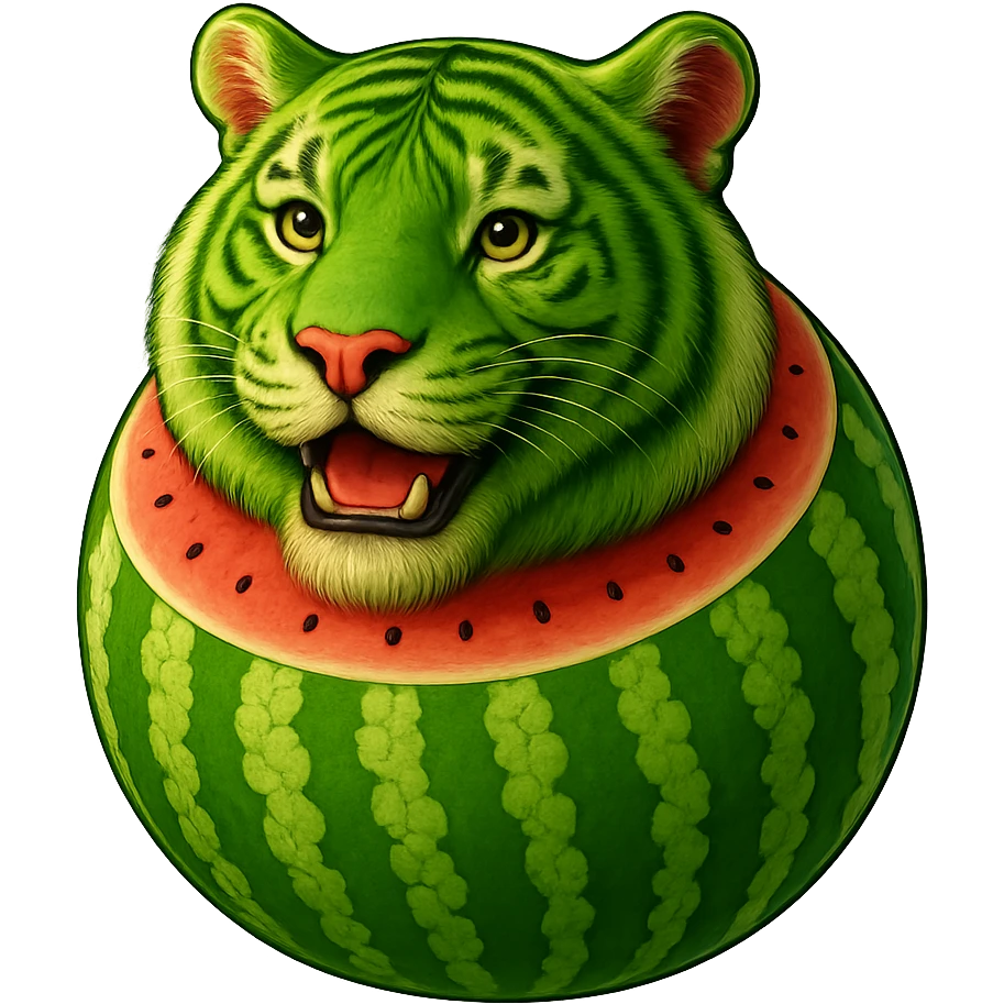 Edit the watermelon tiger character to have a happy, smiling expression. Keep the transparent background. emoji