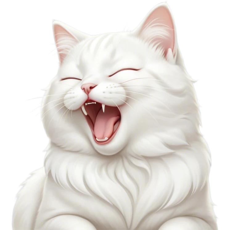 Cinematic Cute Yawning White Cat Portrait Emoji, Head gently tilted with an endearing, wide-open yawn and softly closed eyes, showcasing a pristine white fur with delicate hints of silver, simplified yet irresistibly adorable, highly detailed, glowing with a tender, cozy radiance, high shine, exuding sleepy charm and gentle affection, styled with a soft glowing outline, capturing the essence of a white cat caught mid-yawn, radiating pure, adorable lethargy! emoji