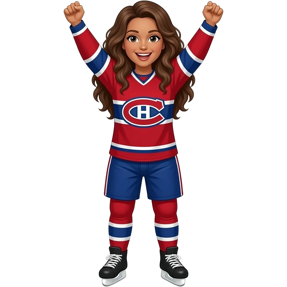 Cheering Habs Montreal fan red jersey emoji, brown lady with  long curly hair emoji