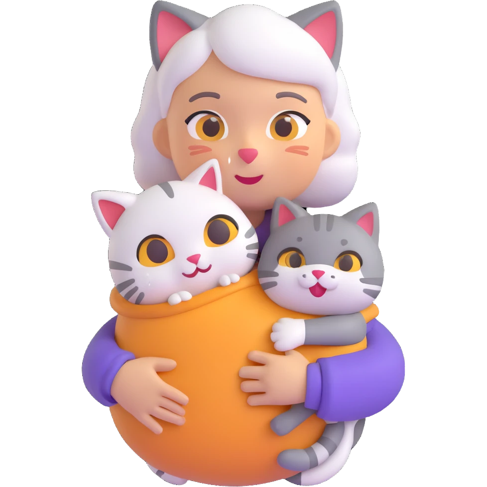 Show only one cat in the grandmother's arms, 3d emoji style, with no background (transparent) emoji