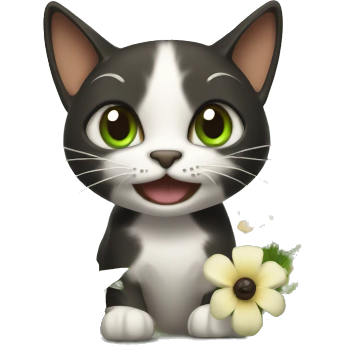 A cat with brown and black glue, green eyes playing with flowers emoji