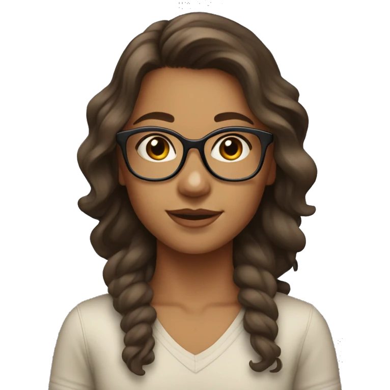Girl with brown hair and brown eyes and tan skin with clear glasses and wavy hair emoji
